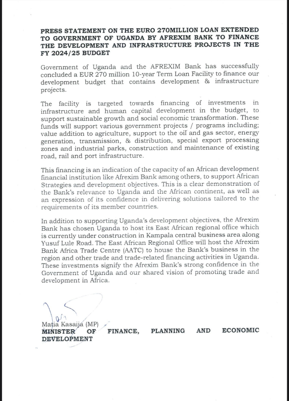 Press statement on the EURO-270Million Loan Extended to Government of Uganda by Afrexim Bank to Finance the Development and Infrastructure Projects in the FY 2024/25 Budget 