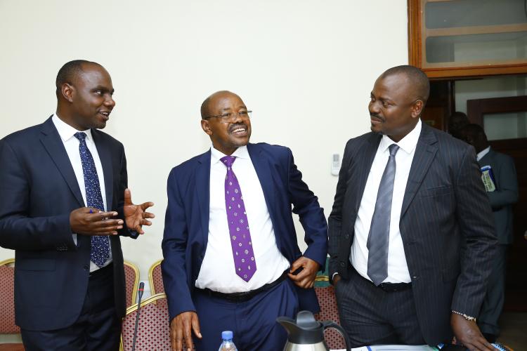 Hon. Henry Musasizi,Hon. Amos Lugoloobi and Hon Kyeyune Kasolo at Parliament for the presentation of URA Budget Framework Paper FY 2024/25.