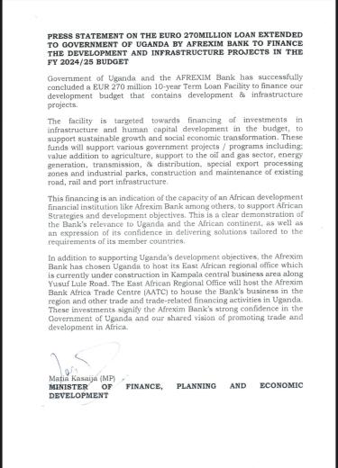 Press statement on the EURO-270Million Loan Extended to Government of Uganda by Afrexim Bank to Finance the Development and Infrastructure Projects in the FY 2024/25 Budget 