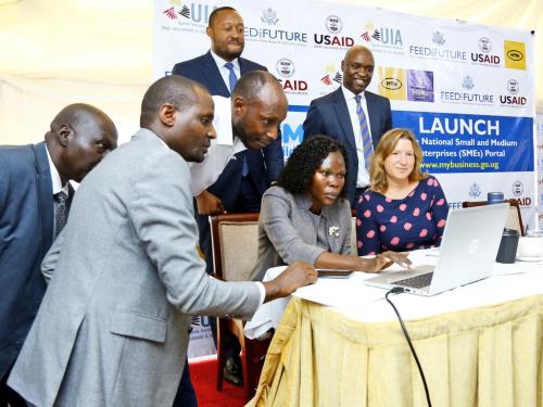 Minister of State for Investment & Privatization Hon.Evelyn Anite launching National Small and Medium Enterprises (SME) Portal which serves as one-stop center for aggregated information and data on SMEs.