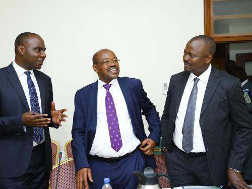 Hon. Henry Musasizi,Hon. Amos Lugoloobi and Hon Kyeyune Kasolo at Parliament for the presentation of URA Budget Framework Paper FY 2024/25.